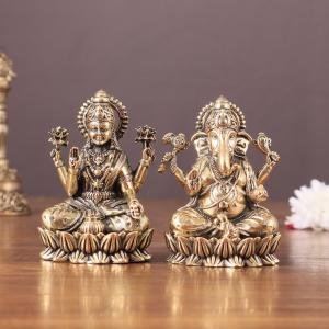 Brass Superfine Ganesha Lakshmi Idols - 3" Height | Intricate Lightweight Duo